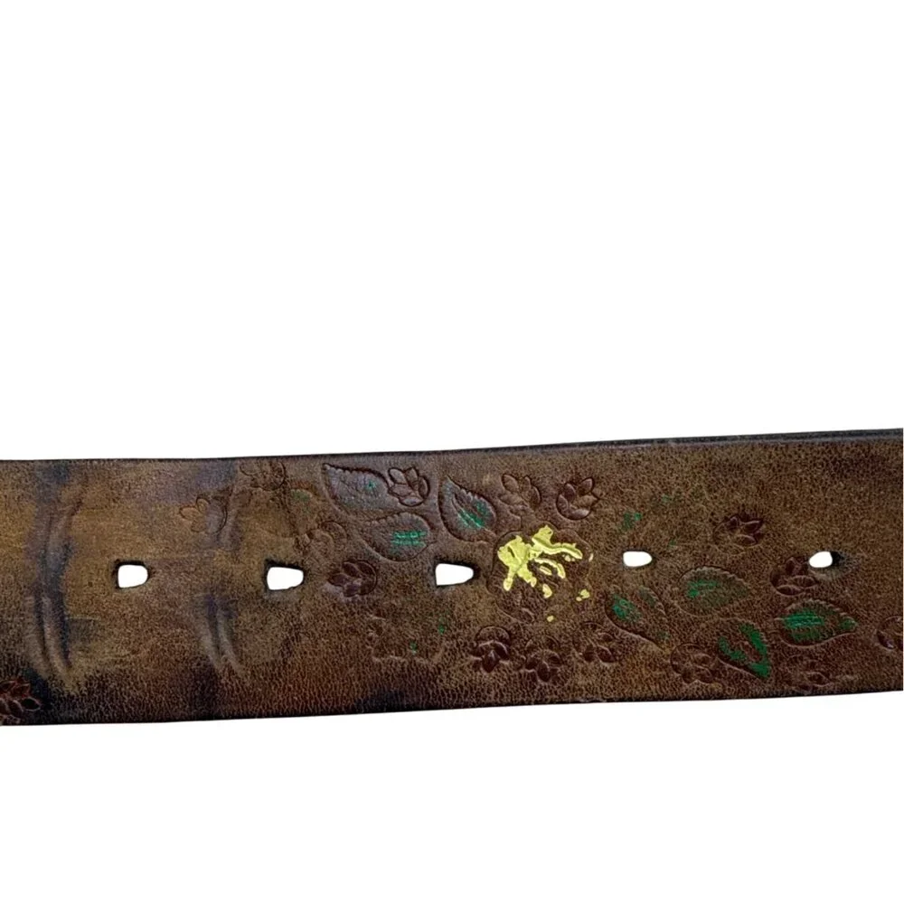 Vintage Embossed Brown Leather Belt With Wagon Wheel Metal Buckle Floral Design - Picture 4 of 8